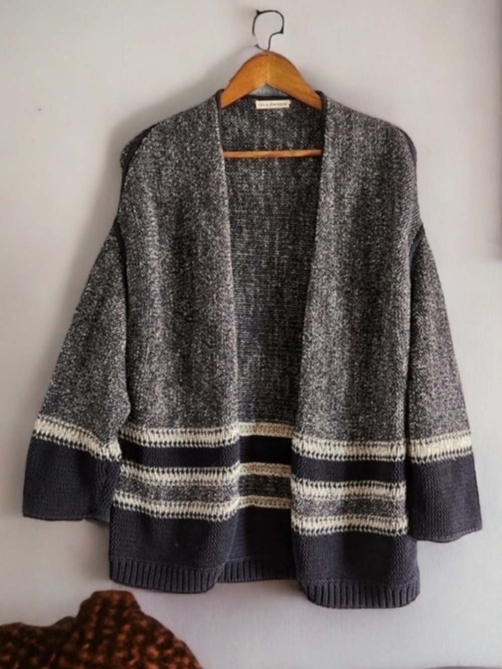ULLA JOHNSON Navy Blue & Ivory Chunky Woven Open Front Cardigan Sweater